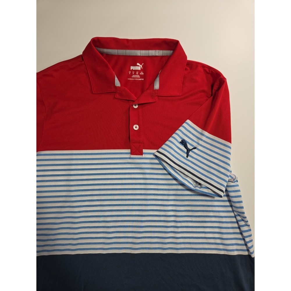 Puma Golf Polo Shirt Men XL Red Blue White Striped Colorblock Performance